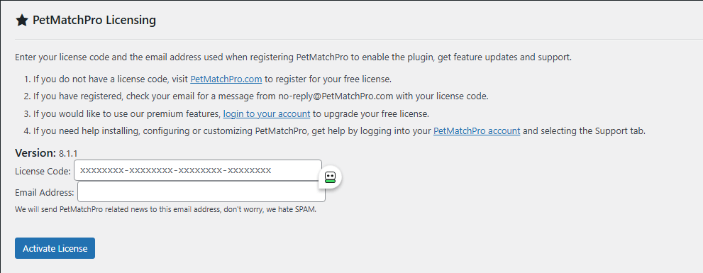 PetMatchPro License Information screen with fields for license code, email address, and the Activate button