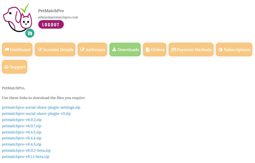 PetMatchPro My Account Downloads tab showing the plugin zip file download link