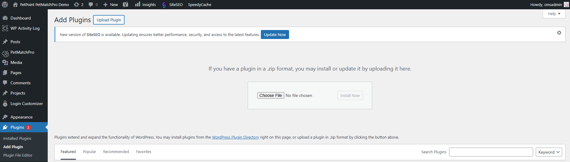 WordPress Add Plugins screen with the Upload Plugin button and file chooser for the PetMatchPro zip