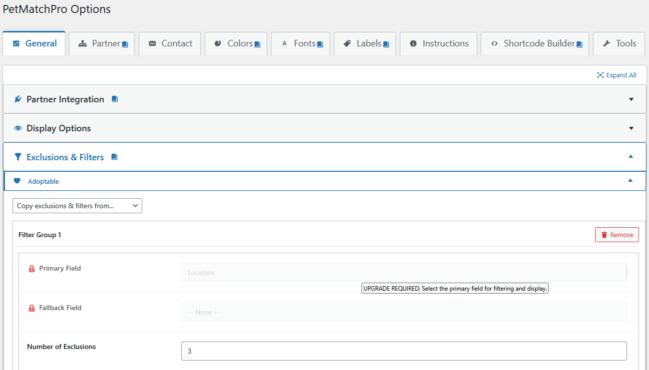 PetMatchPro General Options Exclusions and Filters section showing the Adoptable sub-accordion expanded with locked Primary Field and Fallback Field rows marked by red padlock icons, and a hover tooltip reading "UPGRADE REQUIRED: Select the primary field for filtering and display."