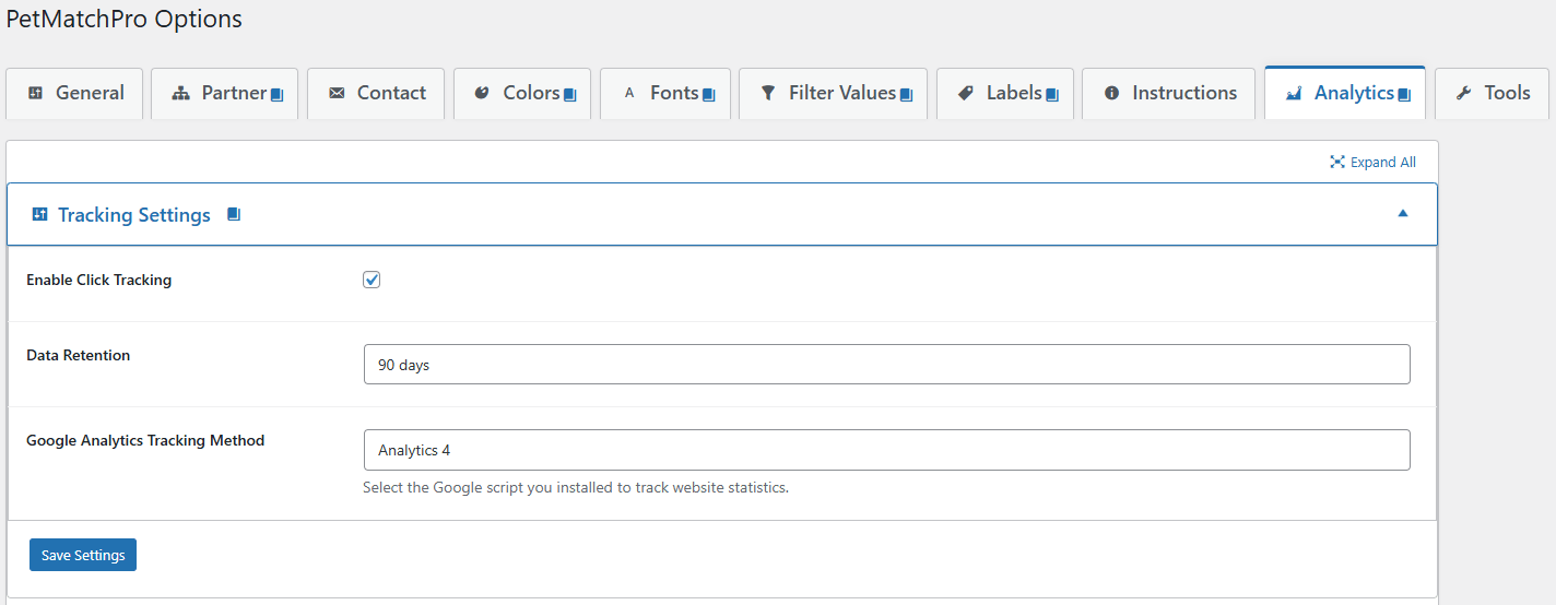PetMatchPro Options Analytics tab showing the Tracking Settings accordion expanded with three settings - Enable Click Tracking checkbox (checked), Data Retention dropdown set to 90 days, and Google Analytics Tracking Method dropdown set to Analytics 4 with helper text - with the full admin tab bar visible above and a Save Settings button below.