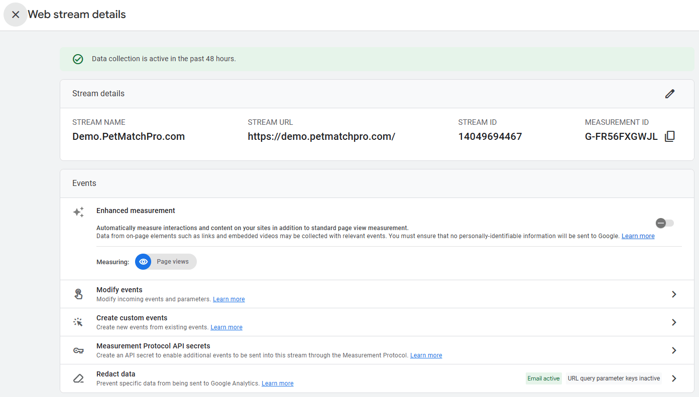Google Analytics 4 Web stream details page for Demo.PetMatchPro.com showing data collection active in the past 48 hours, stream URL https://demo.petmatchpro.com/, Stream ID 14049694467, and Measurement ID G-FR56FXGWJL, with Events section listing Enhanced measurement, Modify events, Create custom events, Measurement Protocol API secrets, and Redact data options