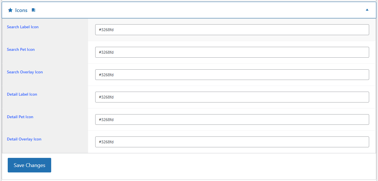 PetMatchPro Options Colors tab showing the Icons accordion expanded with six hex color input fields - Search Label Icon, Search Pet Icon, Search Overlay Icon, Detail Label Icon, Detail Pet Icon, and Detail Overlay Icon - all set to #3268fd (blue), with a Save Changes button below.