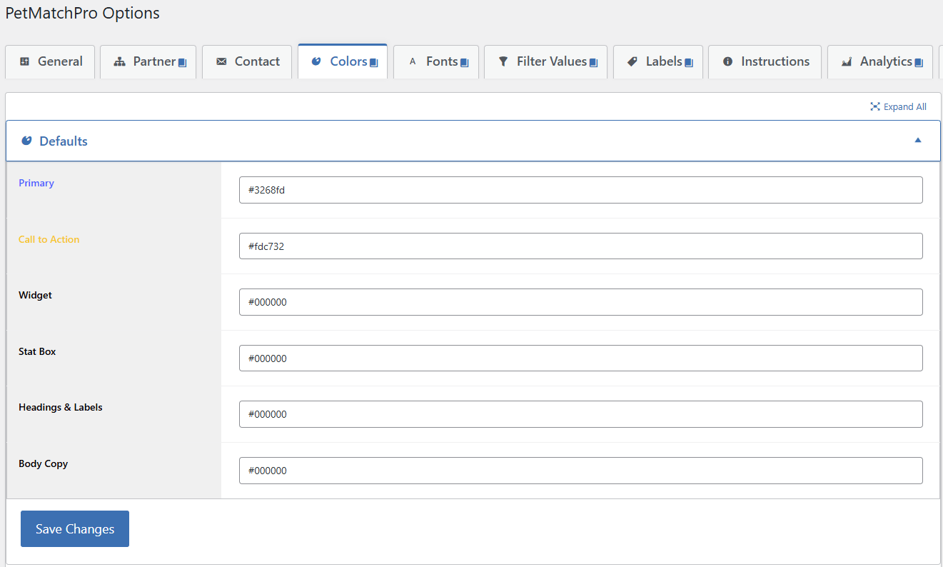 PetMatchPro Options Colors tab showing the Defaults accordion expanded with six hex color input fields - Primary (#3268fd in blue), Call to Action (#fdc732 in gold), Widget (#000000), Stat Box (#000000), Headings & Labels (#000000), and Body Copy (#000000) - with the full admin tab bar visible above and a Save Changes button below.