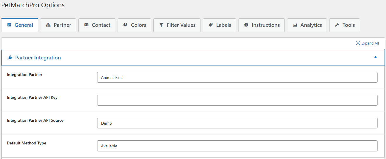 PetMatchPro General Options screen with AnimalsFirst selected showing API key and API source fields