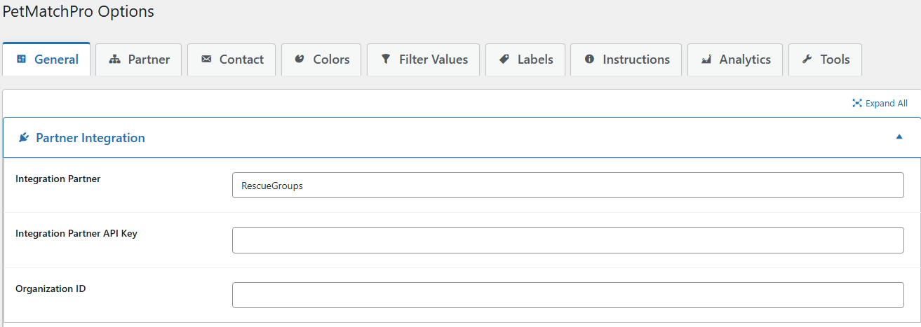 PetMatchPro General Options screen with RescueGroups selected showing API key and Organization ID fields