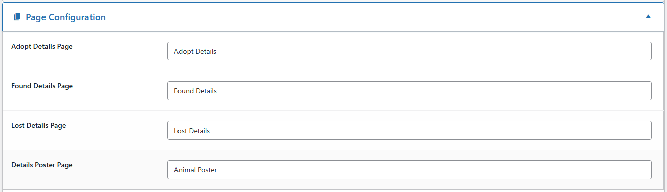 PetMatchPro General Options showing the Details Page dropdown for selecting the animal profile page