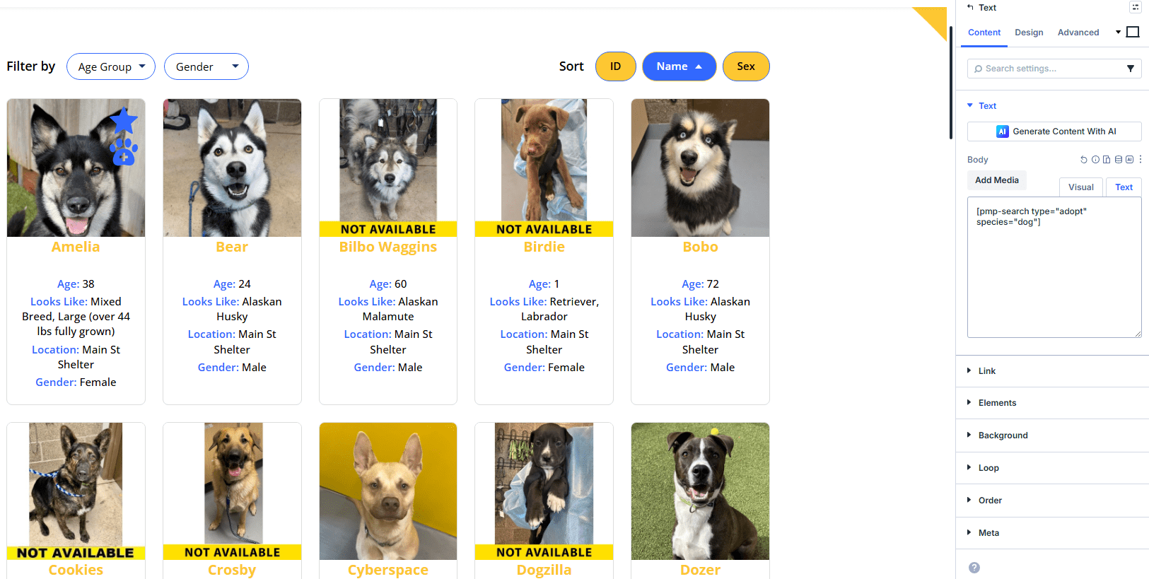 WordPress page editor with the pmp-search shortcode entered in the content area