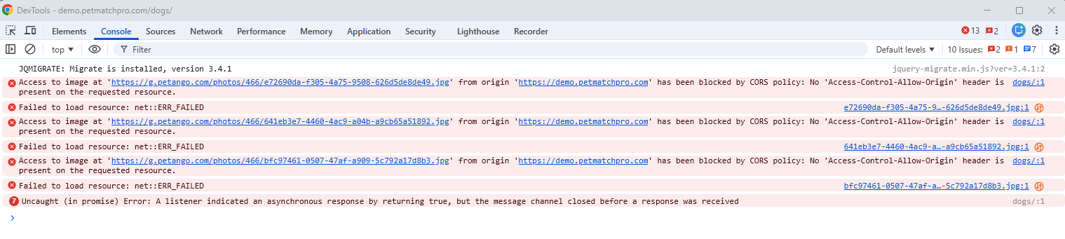 Browser DevTools Console tab showing red error messages: CORS policy blocked image loads from g.petango.com, and "Failed to load resource: net::ERR_FAILED" entries indicating the animal photos could not be displayed