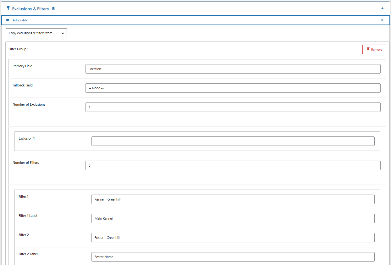 PetMatchPro Options General tab, Exclusions & Filters section with the Adoptable method expanded and Filter Group 1 open. Primary Field is set to Location and Fallback Field to None. Number of Exclusions is 1 with an empty Exclusion 1 input. Number of Filters is 5, and the first two filters map location values to friendly labels — Filter 1 'Kennel - Greenhill' shown as 'Main Kennel', and Filter 2 'Foster - Greenhill' shown as 'Foster Home'. A 'Copy exclusions & filters from' dropdown sits above the group and a Remove button at top right.