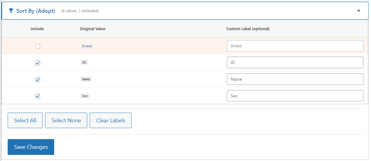 PetMatchPro Filter Values tab showing the Sort By (Adopt) accordion expanded with four values - Breed unchecked and struck through on a peach background indicating exclusion, ID, Name, and Sex checked for inclusion - each with an Original Value chip and Custom Label input field, followed by Select All, Select None, Clear Labels, and Save Changes buttons