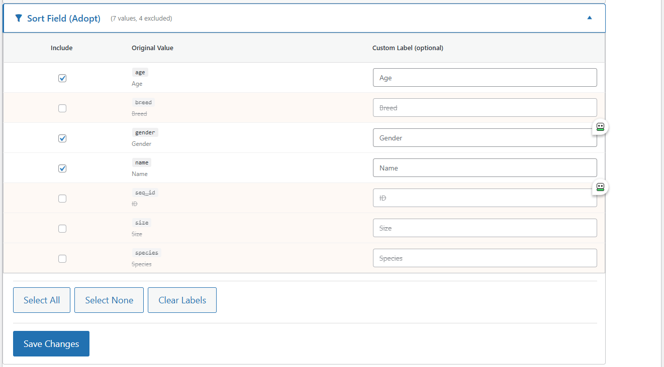 PetMatchPro Filter Values tab showing the Sort Field (Adopt) accordion expanded with seven values &mdash; Age, Gender, and Name checked for inclusion; Breed, Seq Id, Size, and Species unchecked with peach background indicating exclusion &mdash; each showing the original API value, display name, and a Custom Label input field, with Select All, Select None, Clear Labels, and Save Changes buttons below.