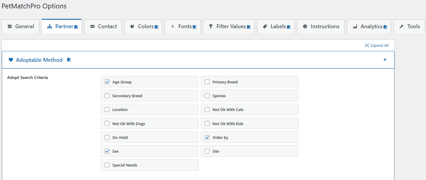 PetMatchPro Options Partner tab showing the Adoptable Method accordion expanded with Adopt Search Criteria checkboxes in a two-column grid &mdash; Age Group, Sex, and Order By checked; Primary Breed, Secondary Breed, Species, Location, Not Ok With Cats, Not Ok With Dogs, Not Ok With Kids, On-Hold, Site, and Special Needs unchecked &mdash; with a premium badge indicator on the section header.