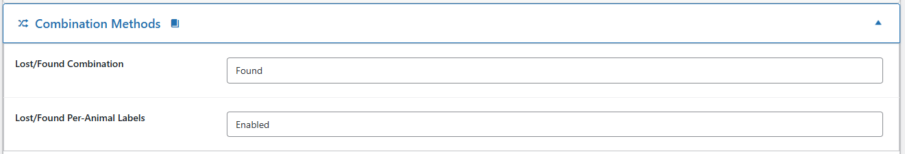 PetMatchPro Partners tab showing the Combination Methods accordion expanded with two settings - Lost/Found Combination dropdown set to Found, and Lost/Found Per-Animal Labels dropdown set to Enabled - with a premium badge indicator on the section header.