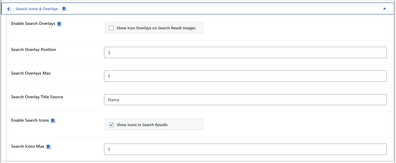 PetMatchPro General Options Search Icons & Overlays accordion showing six settings - Enable Search Overlays checkbox (unchecked), Search Overlay Position (3), Search Overlays Max (5), Search Overlay Title Source (Name), Enable Search Icons checkbox (checked), and Search Icons Max (5) - with premium badge indicators on gated fields.