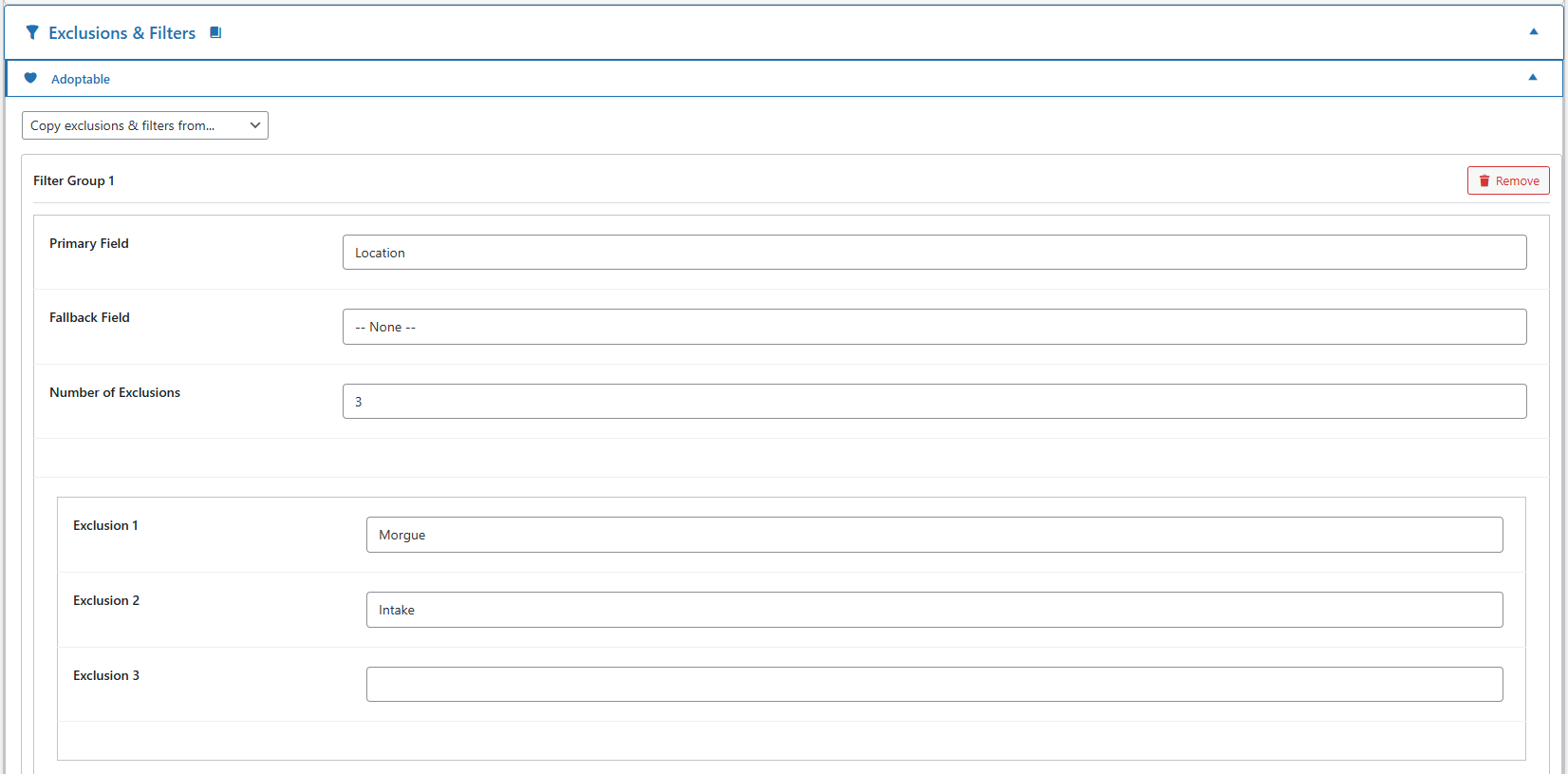 PetMatchPro Partner tab showing the Exclusions and Filters accordion expanded for the Adoptable method, with Filter Group 1 configured to use Location as the primary field and three exclusion entries: Morgue, Intake, and a blank third slot