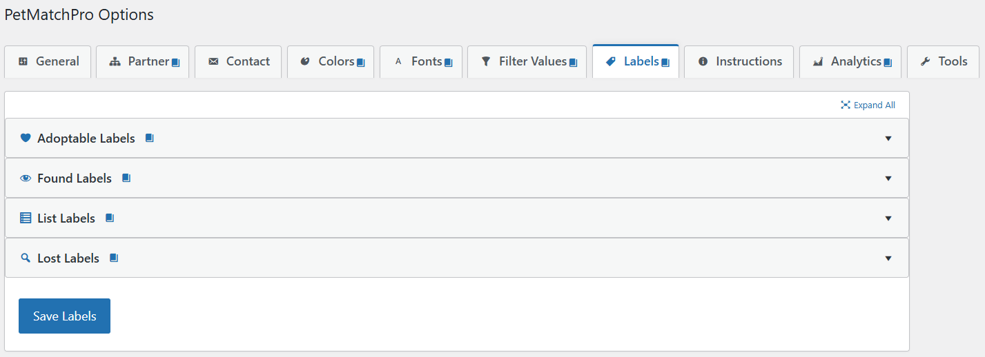PetMatchPro Options Labels tab showing four collapsed accordion sections - Adoptable Labels, Found Labels, List Labels, and Lost Labels - each with a premium badge indicator and expand arrow, with the full admin tab bar visible above and a Save Labels button below.