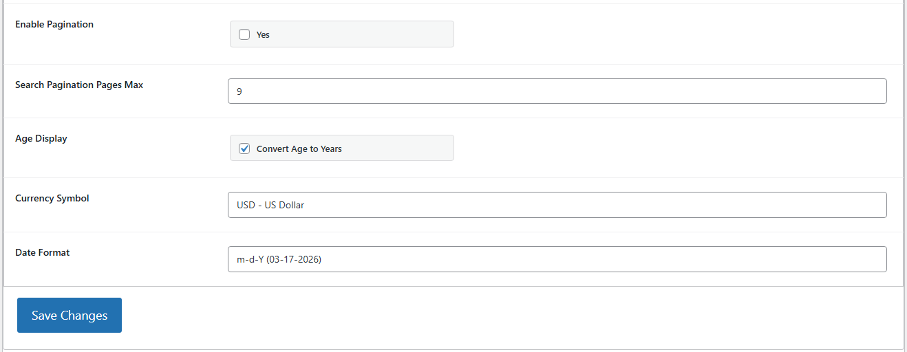 PetMatchPro General Options showing the Paginate Results setting with Enable and Disable options