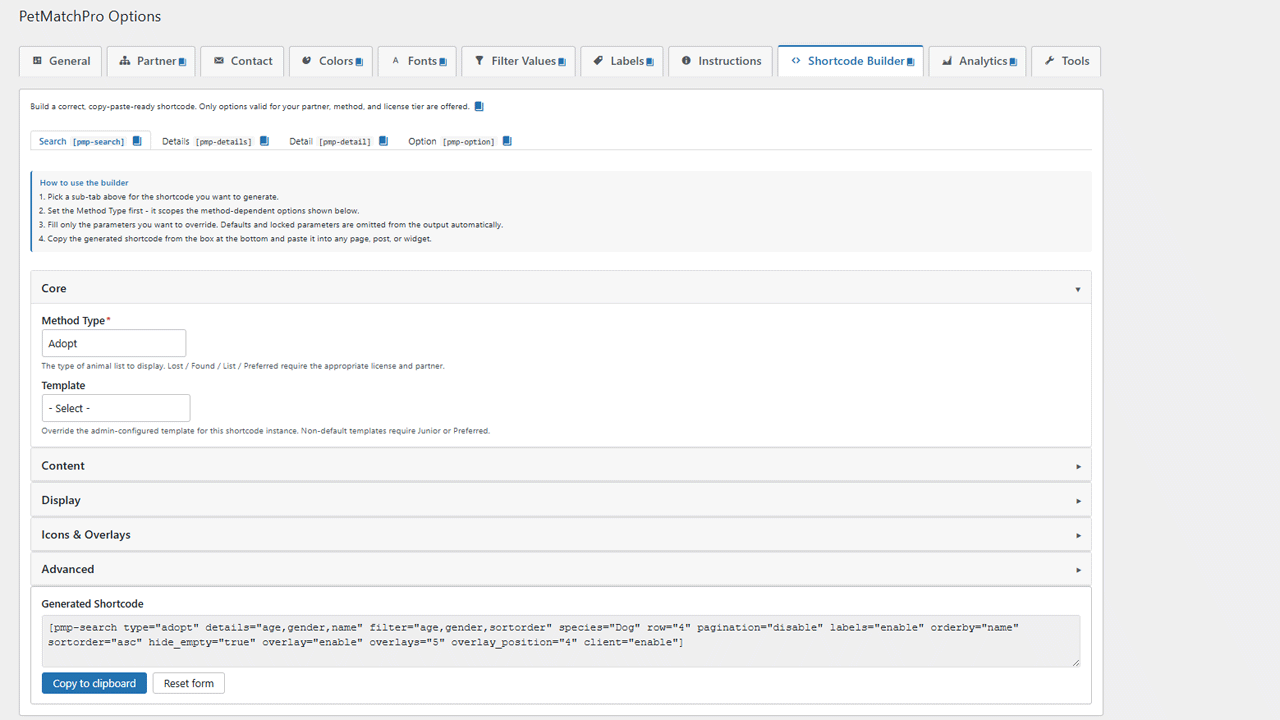 PetMatchPro visual shortcode builder admin tab