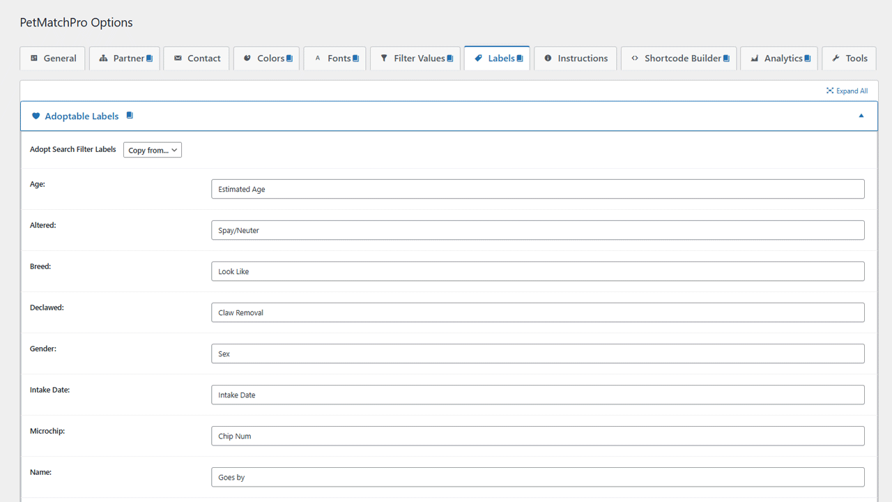 PetMatchPro custom field labels admin