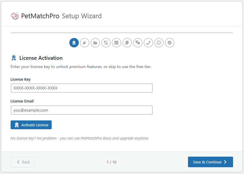Setup Wizard Step 1 showing license key and registration email input fields