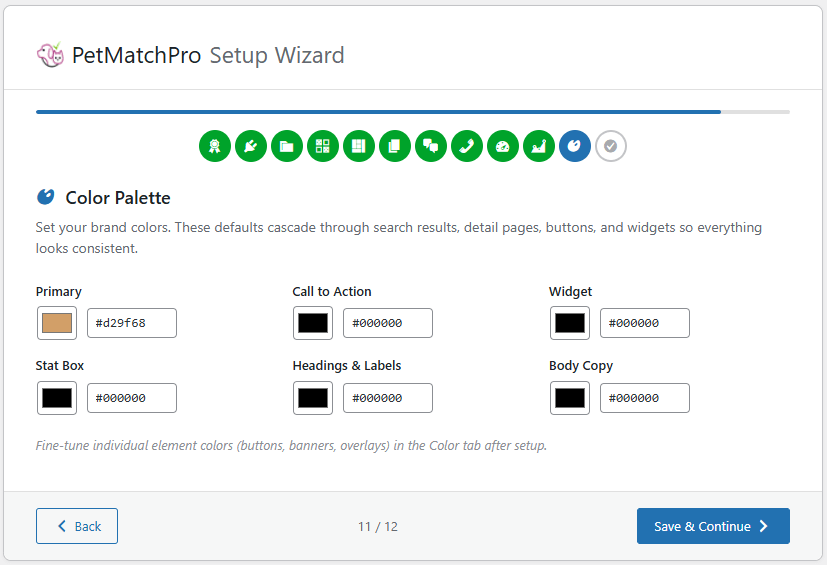 Setup Wizard Step 11 showing color picker fields for buttons, text, and background