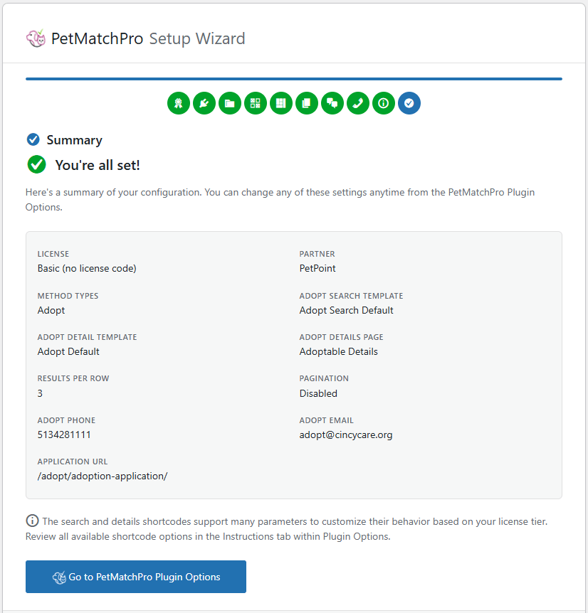 Setup Wizard Step 13 summary page displaying all configuration choices with Complete button