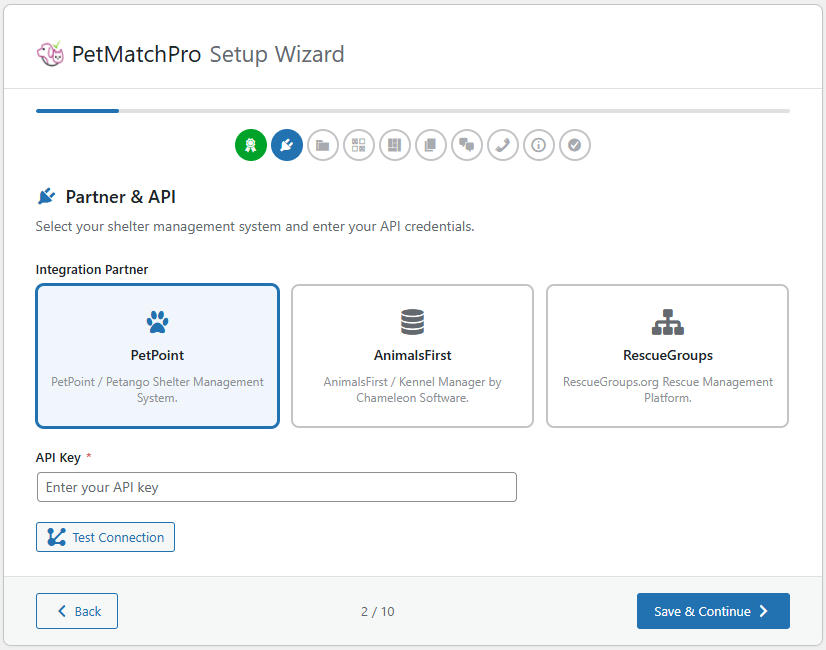 Setup Wizard Step 2 with partner selection dropdown and API key field