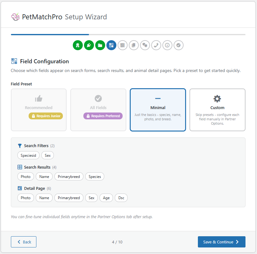 Setup Wizard Step 4 showing animal data field selection checkboxes