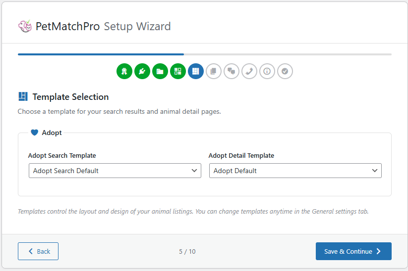 Setup Wizard Step 5 with search template dropdown and layout preview