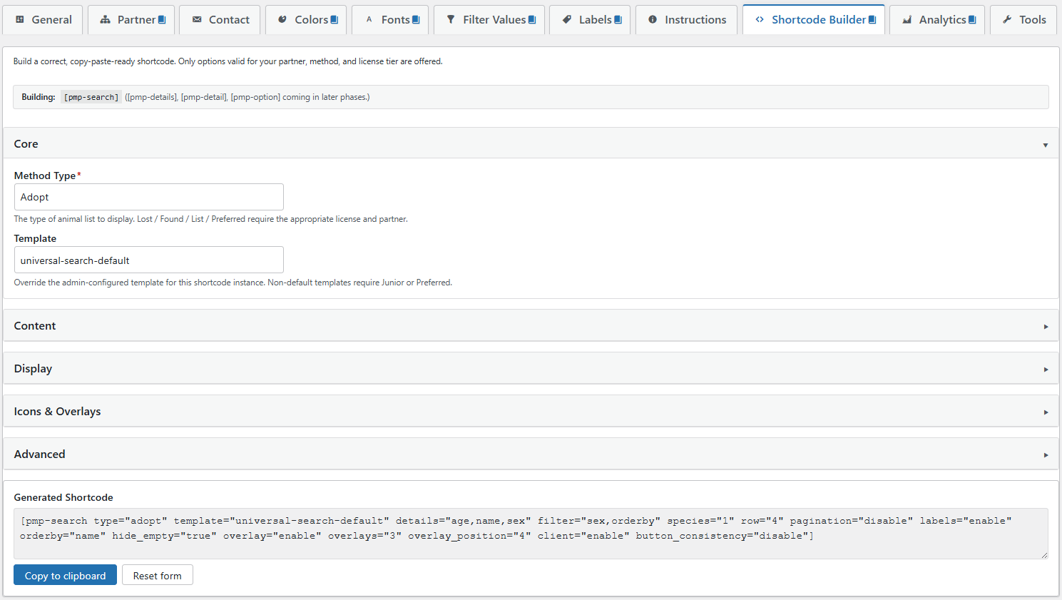PetMatchPro Shortcode Builder admin tab with Core, Content, Display, Icons & Overlays, and Advanced groups and a generated pmp-search shortcode in the output textarea below