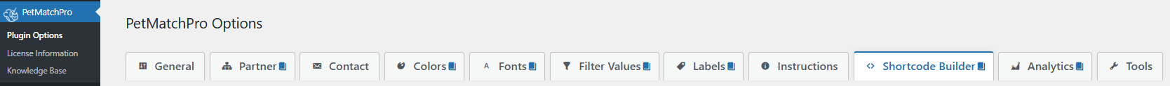 PetMatchPro Options admin tab row with the Shortcode Builder tab highlighted between Instructions and Analytics