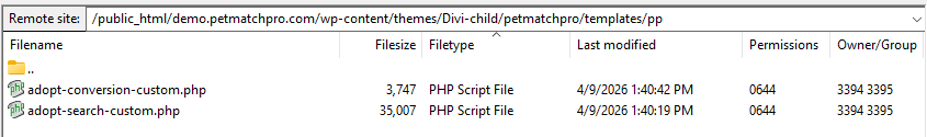 FTP client showing the remote directory /public_html/demo.petmatchpro.com/wp-content/themes/Divi-child/petmatchpro/templates/pp containing two PHP override files: adopt-conversion-custom.php and adopt-search-custom.php