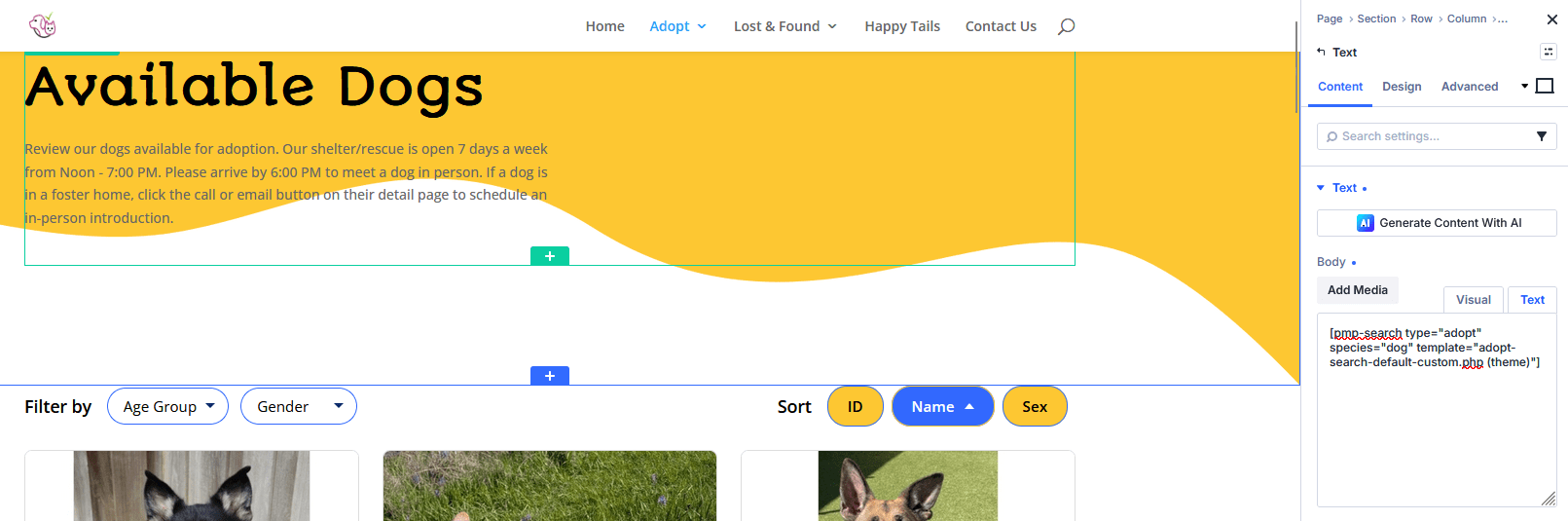 Divi page builder editing the Available Dogs page, with the Text widget showing the shortcode 
[pmp-search type="adopt" species="dog" template="adopt-search-default-custom.php (theme)"] using the (theme) suffix to document that the template is a theme override