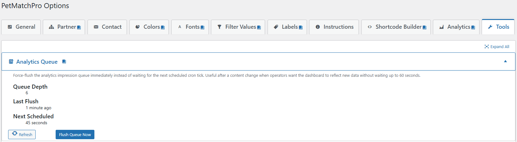 PetMatchPro admin Tools tab with the Analytics Queue accordion expanded, showing Queue Depth of 6 events, Last Flush 1 minute ago, Next Scheduled in 45 seconds, plus Refresh and Flush Queue Now buttons