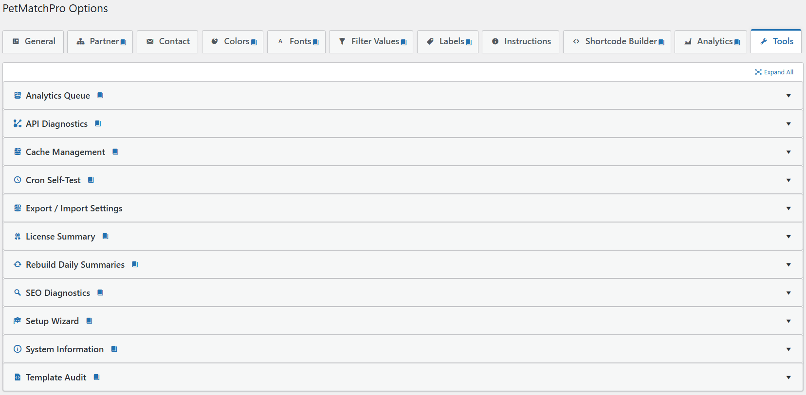 PetMatchPro Options Tools tab showing all 11 collapsed diagnostic accordions: Analytics Queue, API Diagnostics, Cache Management, Cron Self-Test, Export / Import Settings, License Summary, Rebuild Daily Summaries, SEO Diagnostics, Setup Wizard, System Information, and Template Audit